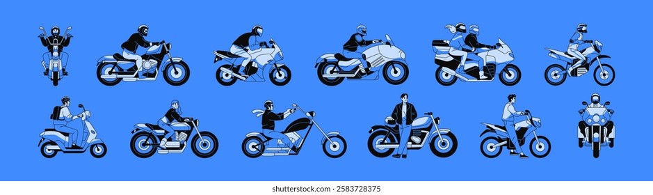 Different motorcycles' types set. Motorcyclists in helmets are on sports, touring, enduro, scooter, naked, street bikes. Bikers drive, travel on various motorbikes. Flat isolated vector illustrations
