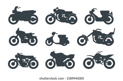 Different motorized vehicles black glyph icons set. Roadster, chopper, scooter. Modern street bikes. Scrambler, sportbike, cruiser. Motorbikes vector silhouettes isolated on white background