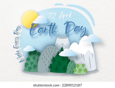 Different mountain scenes with wording of Earth day on blue background. Poster of world Earth day in paper cut style and vector design.