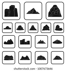 Different mountains black icons in set collection for design.Mountains and landscape vector symbol stock web illustration.