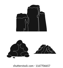 Different mountains black icons in set collection for design.Mountains and landscape vector symbol stock web illustration.
