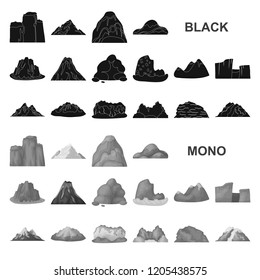 Different mountains black icons in set collection for design.Mountains and landscape vector symbol stock web illustration.