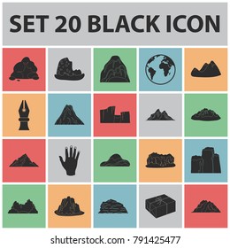 Different mountains black icons in set collection for design.Mountains and landscape vector symbol stock web illustration.