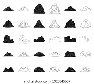Different mountains black,outline icons in set collection for design.Mountains and landscape vector symbol stock web illustration.