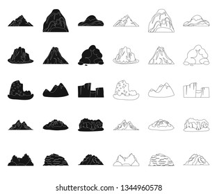 Different mountains black,outline icons in set collection for design.Mountains and landscape vector symbol stock web illustration.