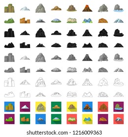 Different mountains cartoon icons in set collection for design.Mountains and landscape vector symbol stock web illustration.