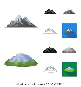 Different mountains cartoon,black,flat,monochrome,outline icons in set collection for design.Mountains and landscape vector symbol stock web illustration.