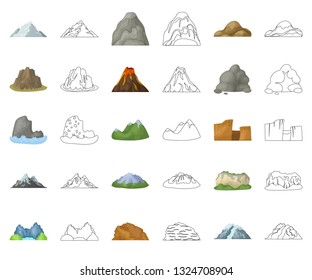 Different mountains cartoon,outline icons in set collection for design.Mountains and landscape vector symbol stock web illustration.