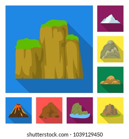 Different mountains flat icons in set collection for design.Mountains and landscape vector symbol stock web illustration.
