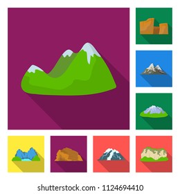 Different mountains flat icons in set collection for design.Mountains and landscape vector symbol stock web illustration.