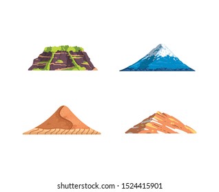 Different mountains landscape isolated vector illustration in cartoon style. Nature mountain silhouette elements se. Travel or hiking mountainous.