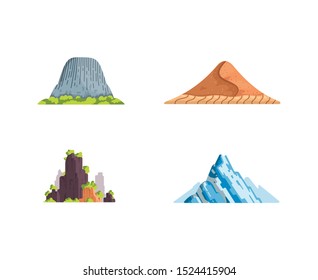 Different mountains landscape isolated vector illustration in cartoon style. Nature mountain silhouette elements se. Travel or hiking mountainous.