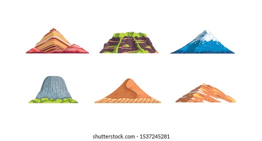 Different mountains landscape isolated vector illustration in cartoon style. Nature mountain silhouette elements se. Travel or hiking mountainous.