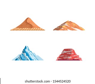 Different mountains landscape isolated vector illustration in cartoon style. Nature mountain silhouette elements se. Travel or hiking mountainous.