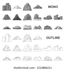 Different mountains monochrom icons in set collection for design.Mountains and landscape vector symbol stock web illustration.