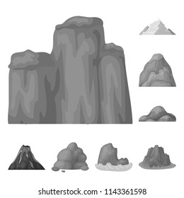 Different mountains monochrome icons in set collection for design.Mountains and landscape vector symbol stock web illustration.