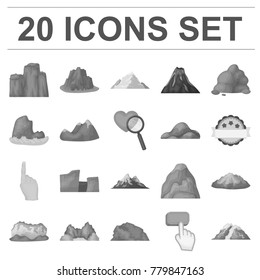 Different mountains monochrome icons in set collection for design.Mountains and landscape vector symbol stock web illustration.