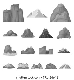 Different mountains monochrome icons in set collection for design.Mountains and landscape vector symbol stock web illustration.