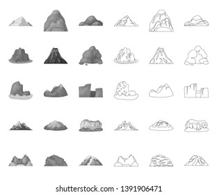 Different mountains mono,outline icons in set collection for design.Mountains and landscape vector symbol stock web illustration.