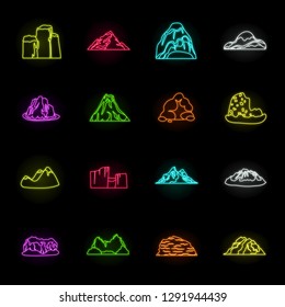 Different mountains neon icons in set collection for design.Mountains and landscape vector symbol stock web illustration.