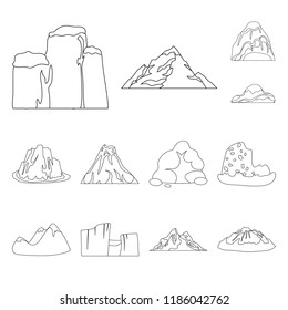 Different mountains outline icons in set collection for design.Mountains and landscape vector symbol stock web illustration.