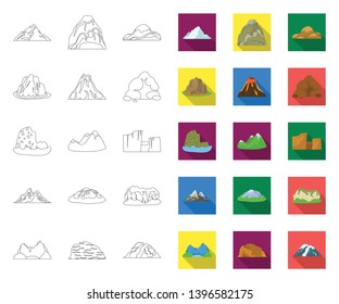 Different mountains outline,flat icons in set collection  design.Mountains and landscape vector symbol stock web illustration.