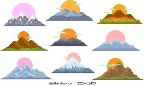 different mountains and sun graphic set, vector illustration