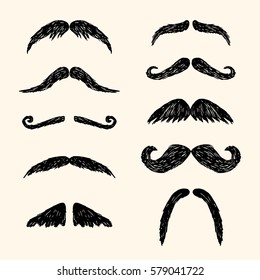 Different moustache. Vector hand drawn illustration in sketch style