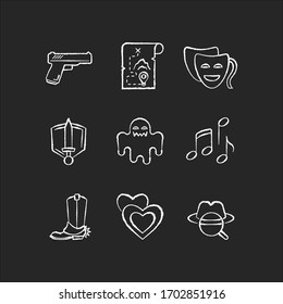 Different movie styles and genres chalk white icons set on black background. Popular film and TV show types. Media entertainment, filmmaking industry. Isolated vector chalkboard illustrations