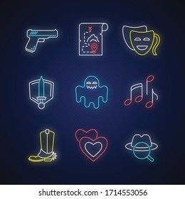 Different movie styles and genres neon light icons set. Popular film and TV types. Media entertainment, filmmaking industry signs with outer glowing effect. Vector isolated RGB color illustrations