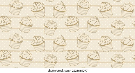 Different muffin with cream on a striped beige background with white polka dots. Endless texture with cupcakes. Vector seamless pattern for bakery, cafe, sweet shop, pastry shop, confectionery, print