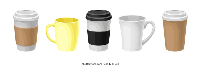 Different Mug and Cups Ceramic and Paper for Drink Vector Set