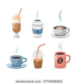 Different mugs with fragrant hot drink set. Coffee, tea cups, glass, paper glass, cocktail. Vector collection. Flat design.