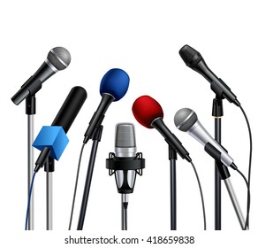 Different Muiltcolored Press Conference Microphones Prepared For Speaker Set On White Background Realistic Vector Illustration