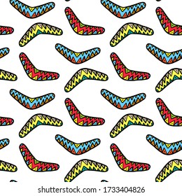 Different multi-colored boomerangs isolated on a white background. Cartoon seamless pattern. Hand drawn vector graphic illustration. Texture.