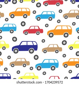 Different multi-colored cars isolated on a white background. Beautiful childish seamless pattern. Hand drawn vector graphic illustration. Texture.