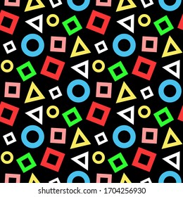 Different multi-colored geometric shapes isolated on a black background. Seamless pattern. Vector graphic illustration. Texture.