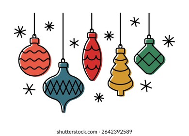 Different multicolored hanging Christmas tree toys. Colored silhouette. Editable strokes. Front side view. Vector simple flat graphic illustration. Isolated object on white background. Isolate.