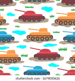 Different multi-colored tracked tanks isolated on white background. Side view. Baby seamless pattern. Vector hand graphic illustration. Texture.