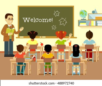 Different multicultural school children group and young teacher man at class lesson in flat style isolated on white background