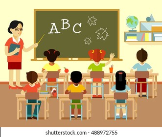 Different multicultural school children group and young teacher woman at class lesson in flat style isolated on white background