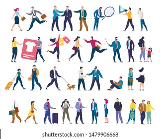 Different Multinational People Characters Flat Vector Set Isolated on White Background. Working Businesswomen and Businessmen, Tourist and Travelers with Baggage, Workman or Repairman Illustration