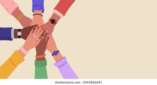 Different multiracial hands putting together. Concept of teamwork, social movement, partnership, cooperation. Hand drawn vector illustration isolated on light background.Modern flat cartoon style.