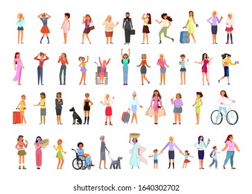 Different Multiracial and multicultural disabled, young and old people walking with children or dogs, riding bicycles, standing, talking and singing. Social diversity. Flat Art Vector Illustration