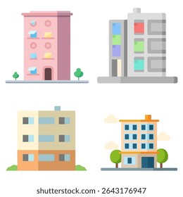 Different multi-storey apartment buildings showcase diverse architectural designs and colors. The structures feature distinct facades, windows, and greenery, presenting urban living options.