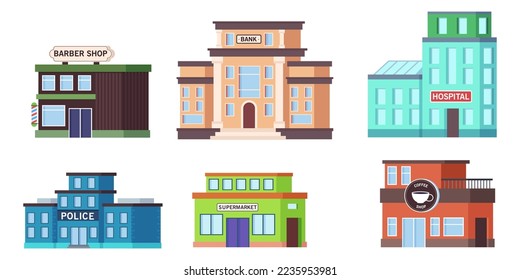 Diferentes ilustraciones vectoriales de edificios municipales o urbanos. Dibujos de caricatura de barbería, banco, hospital, policía, supermercado y cafetería de fondo blanco. Concepto de ciudad o vida urbana