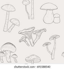 Different mushrooms outline seamless pattern. Hand drawn fungi. Armillaria, blewits, boletus, chanterelle. Black and white vector illustration pattern.