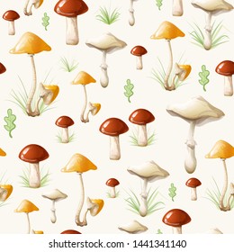 Different mushrooms seamless background or pattern. Oak leaf and green grass. Leccinum aurantiacum, armillaria mellea and macrolepiota. Eco friendly nature. Eps 10 vector illustration.