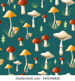 Different mushrooms seamless background or pattern. Oak leaf and green grass. Leccinum aurantiacum, armillaria mellea and macrolepiota. Eco friendly nature. Eps 10 vector illustration.