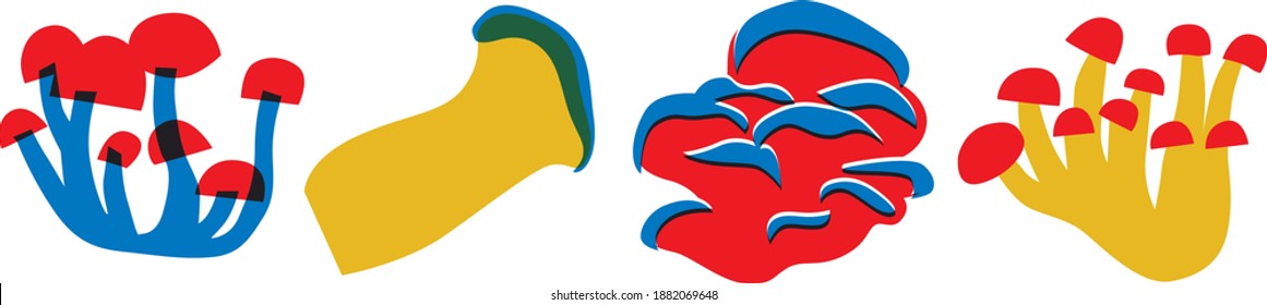 Different mushrooms vector illustration. Vegetables set horizontal banner. Vegan menu illustration. Simple vegetables art.
